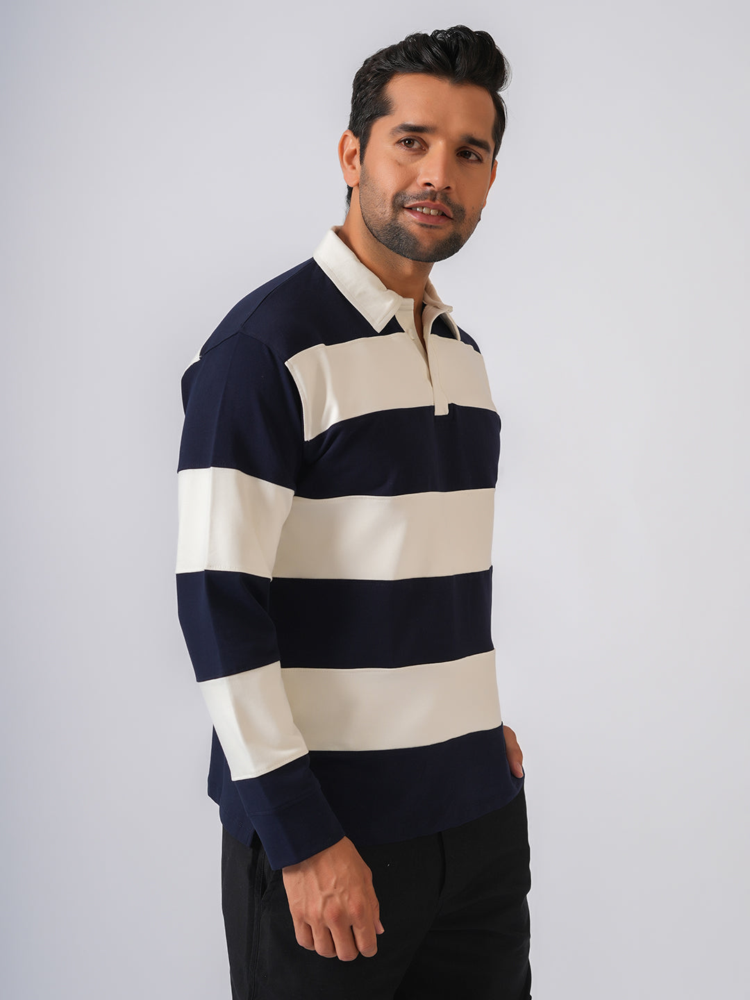 Navy Blue Striped Polo Collar Tshirt