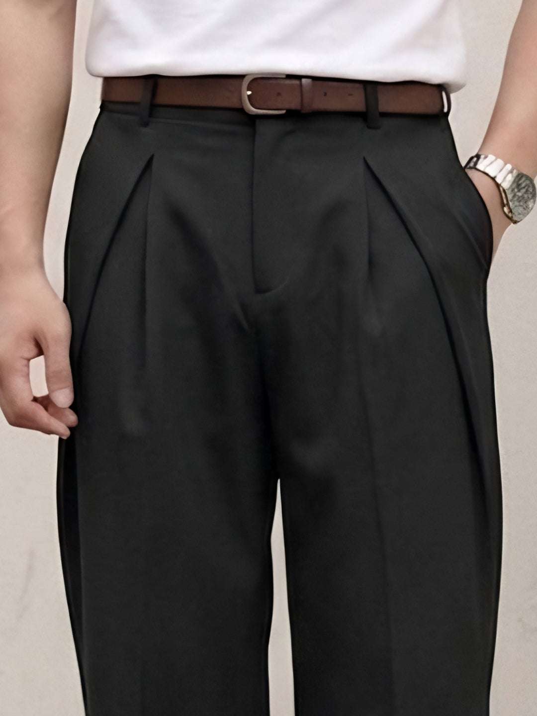Black Solid Loose Fit Overpleat Korean Pant