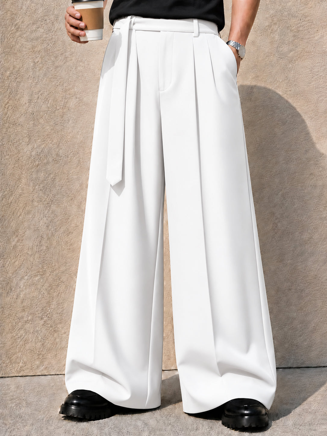 White Solid Wide Leg Fit Belted Korean Pant