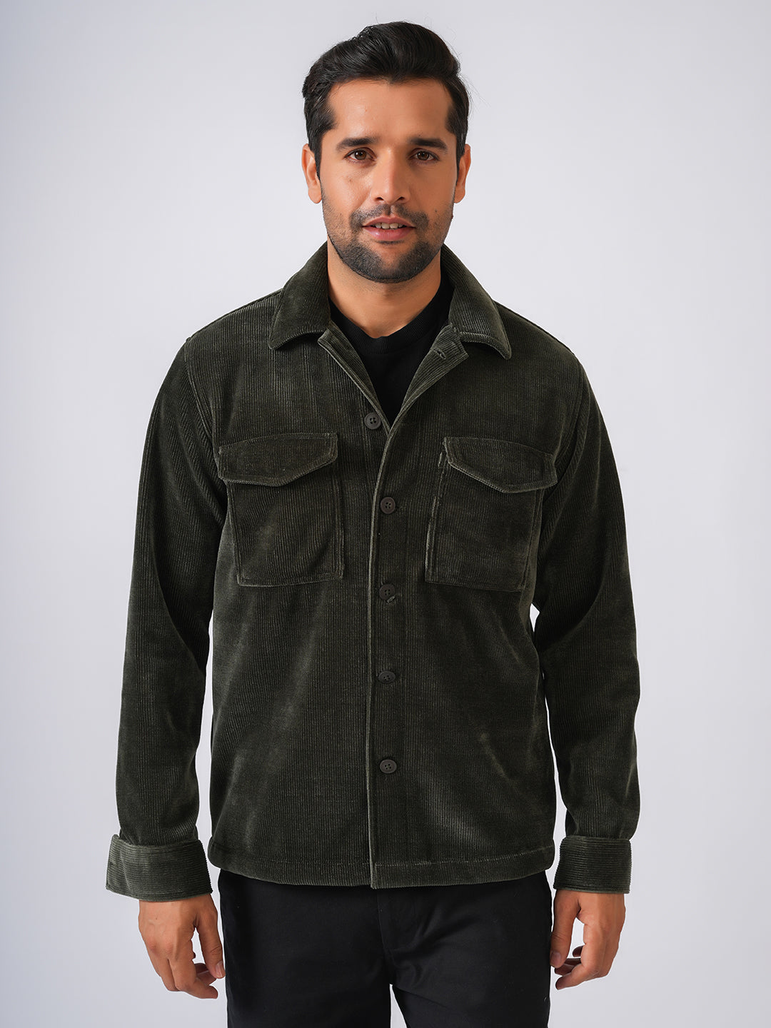 Bottle Green Solid Corduroy Two Pockets Jacket