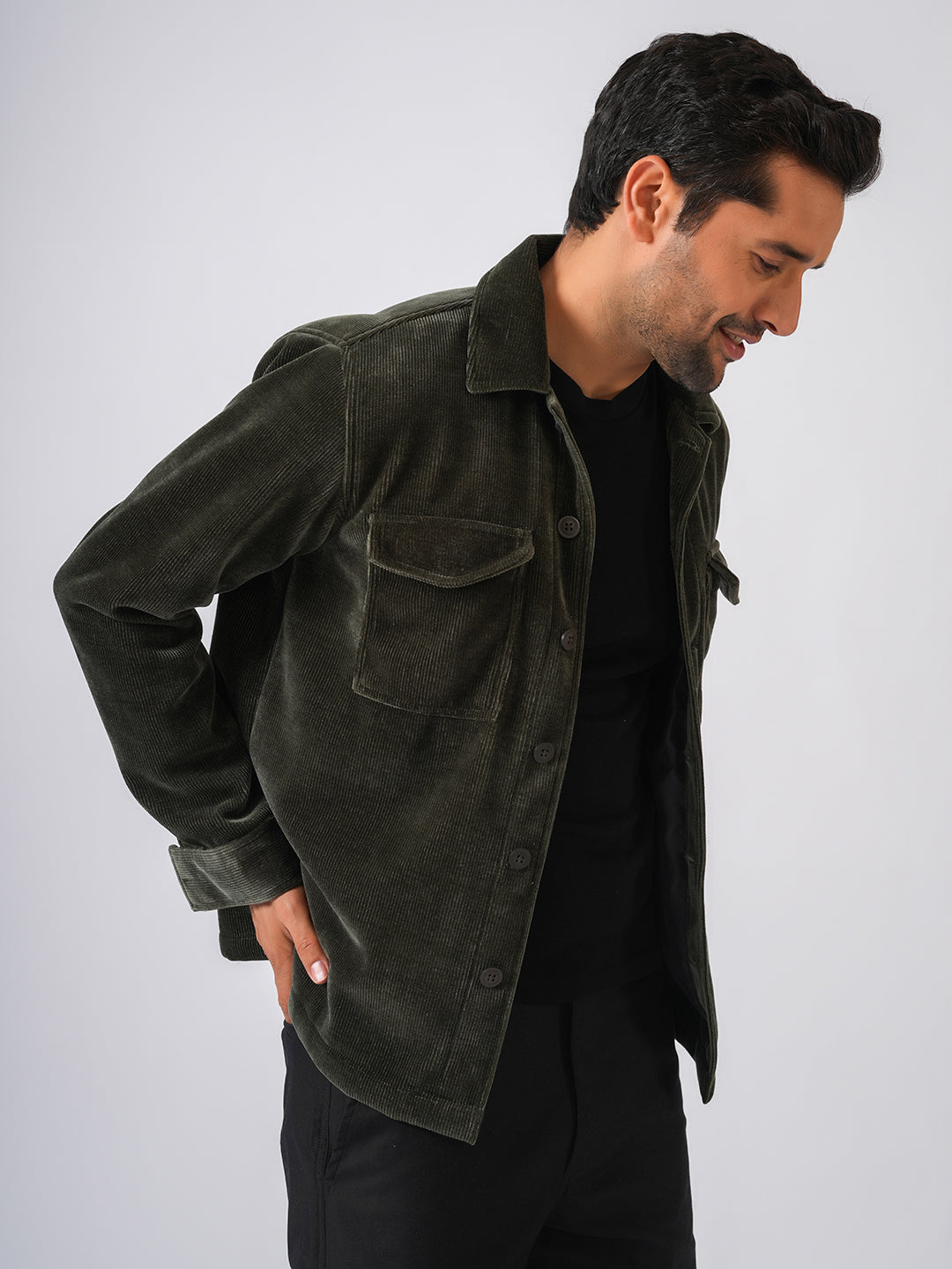 Bottle Green Solid Corduroy Two Pockets Jacket