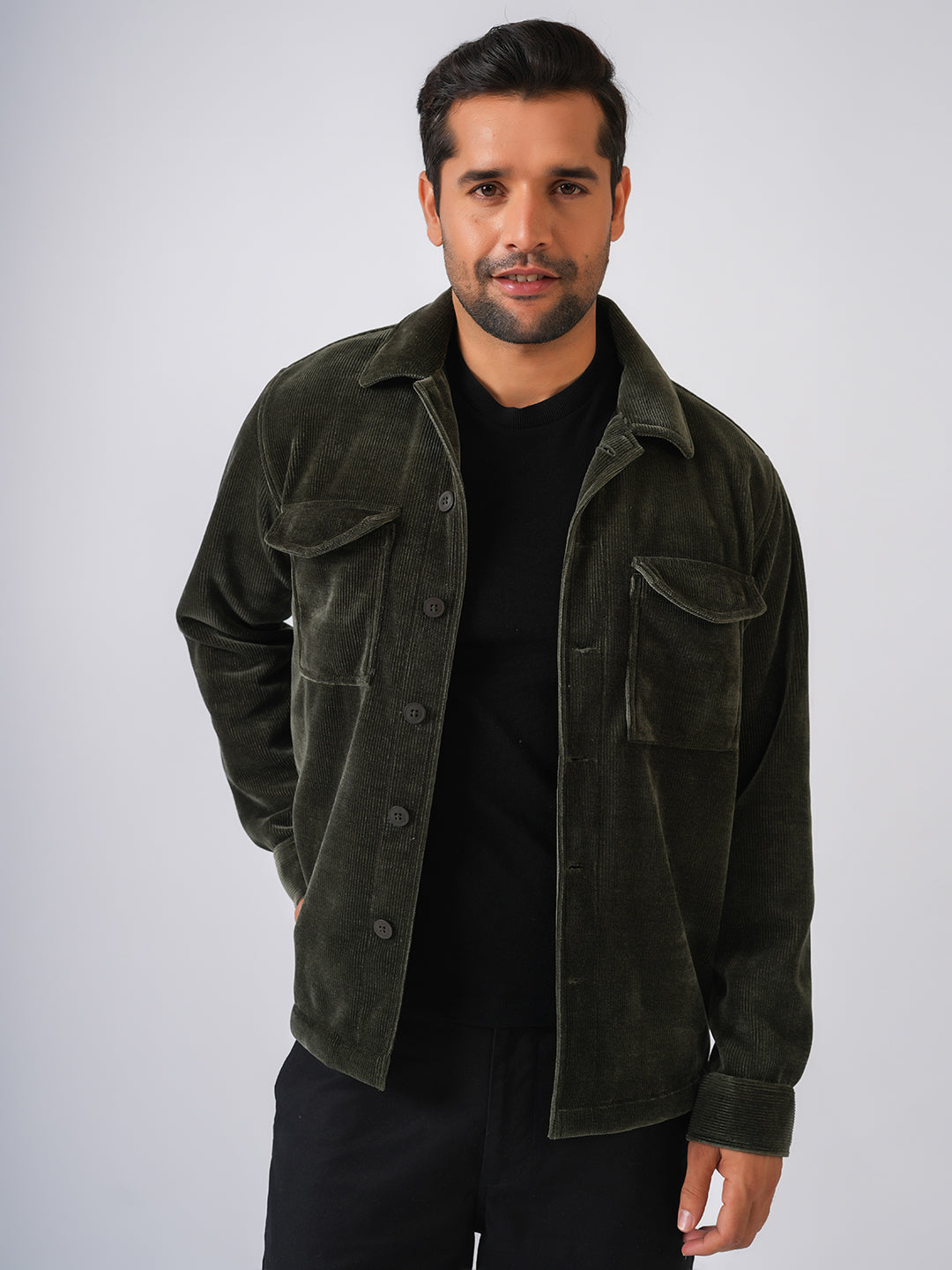 Bottle Green Solid Corduroy Two Pockets Jacket