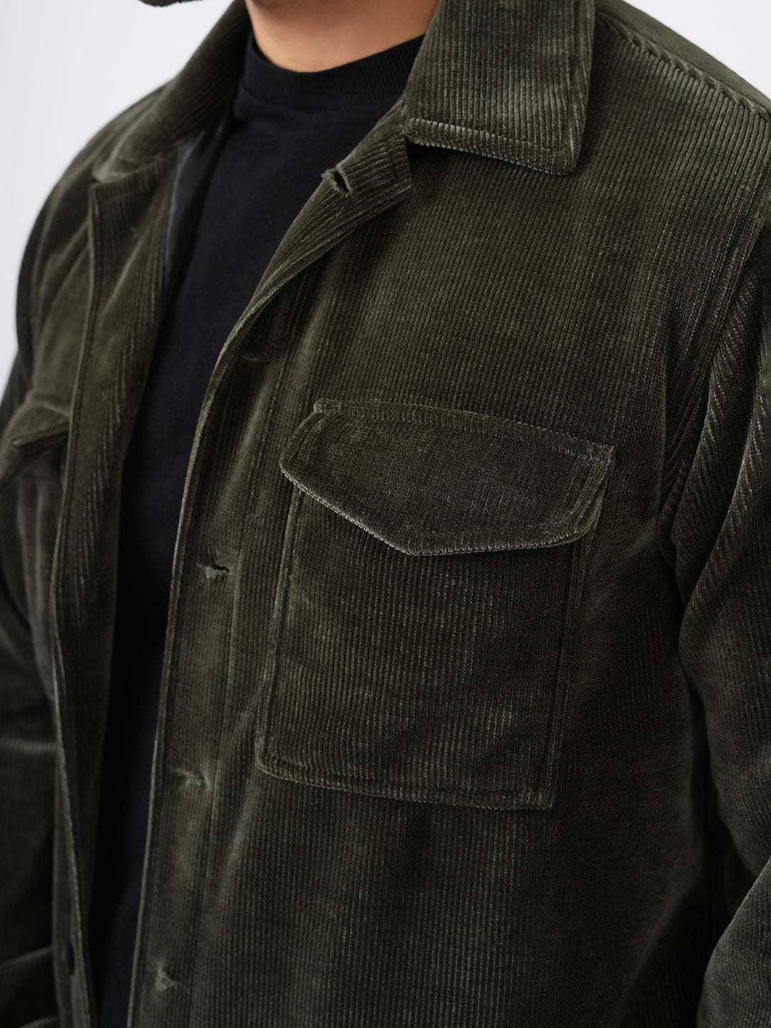 Bottle Green Solid Corduroy Two Pockets Jacket