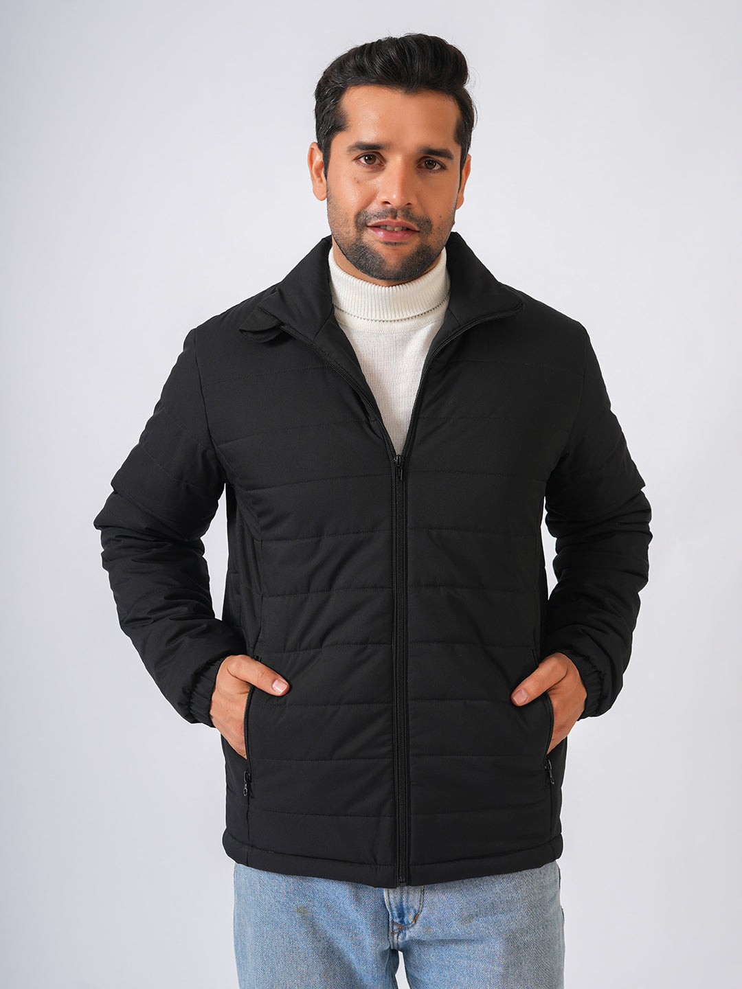 Black Solid Lightweight Puffer Jacket