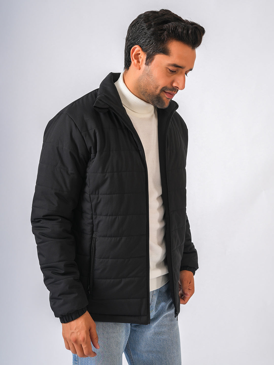 Black Solid Lightweight Puffer Jacket