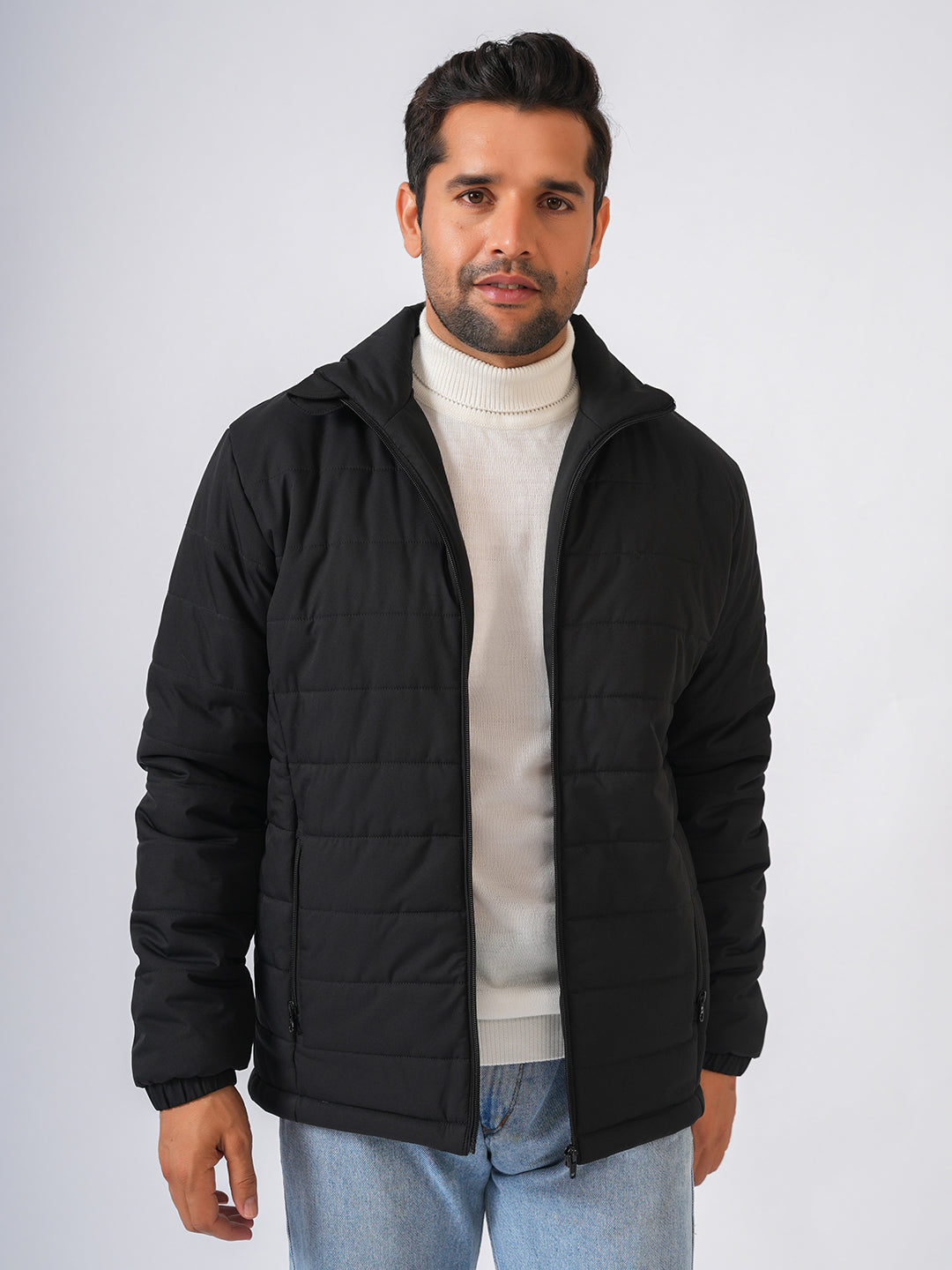 Black Solid Lightweight Puffer Jacket