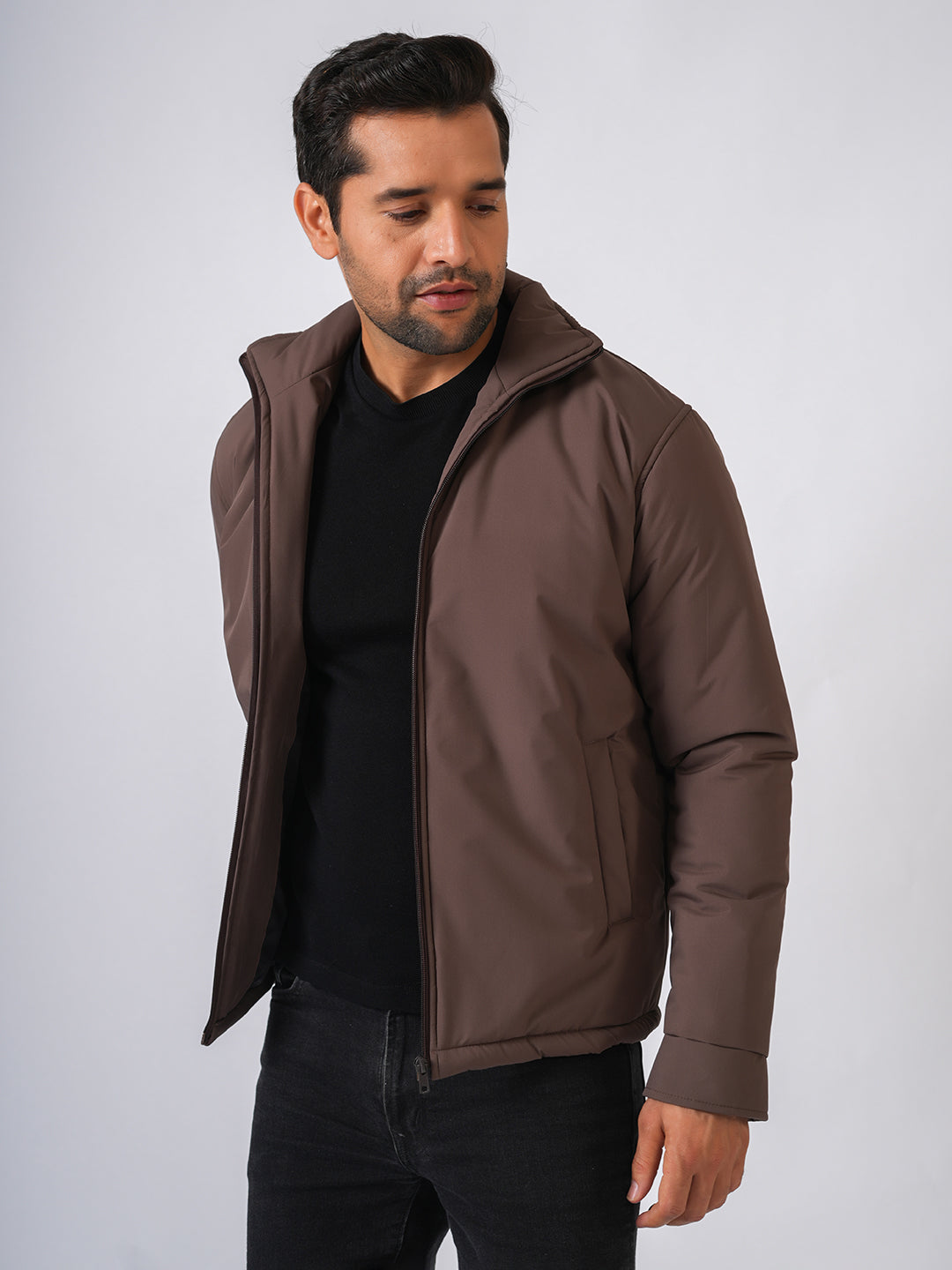 Brown Solid Lightweight Bomber Jacket