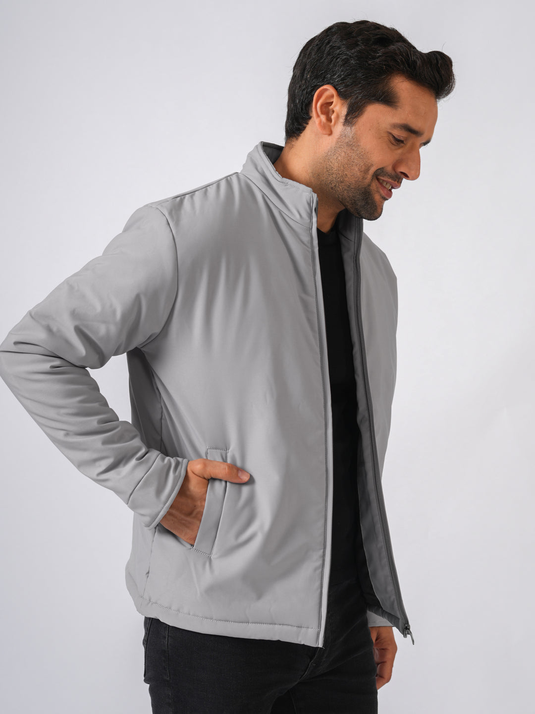 Light Grey Solid Lightweight Bomber Jacket