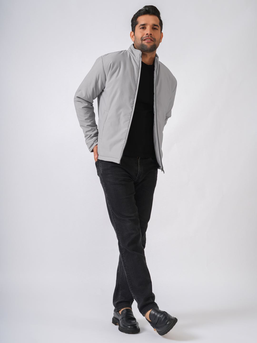 Light Grey Solid Lightweight Bomber Jacket
