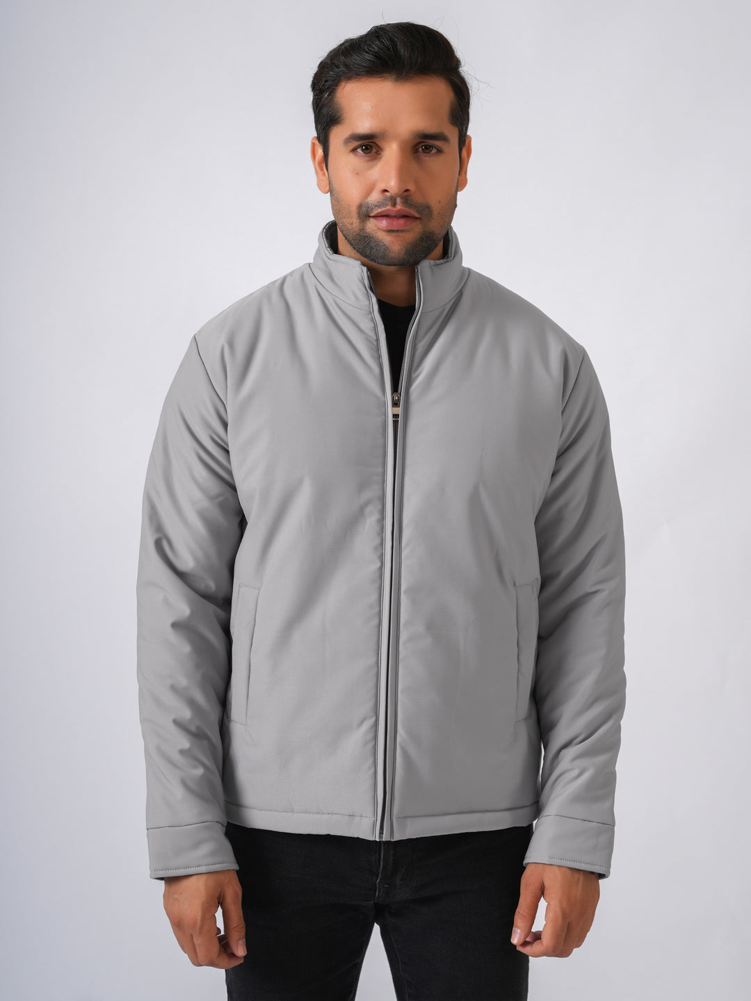 Light Grey Solid Lightweight Bomber Jacket