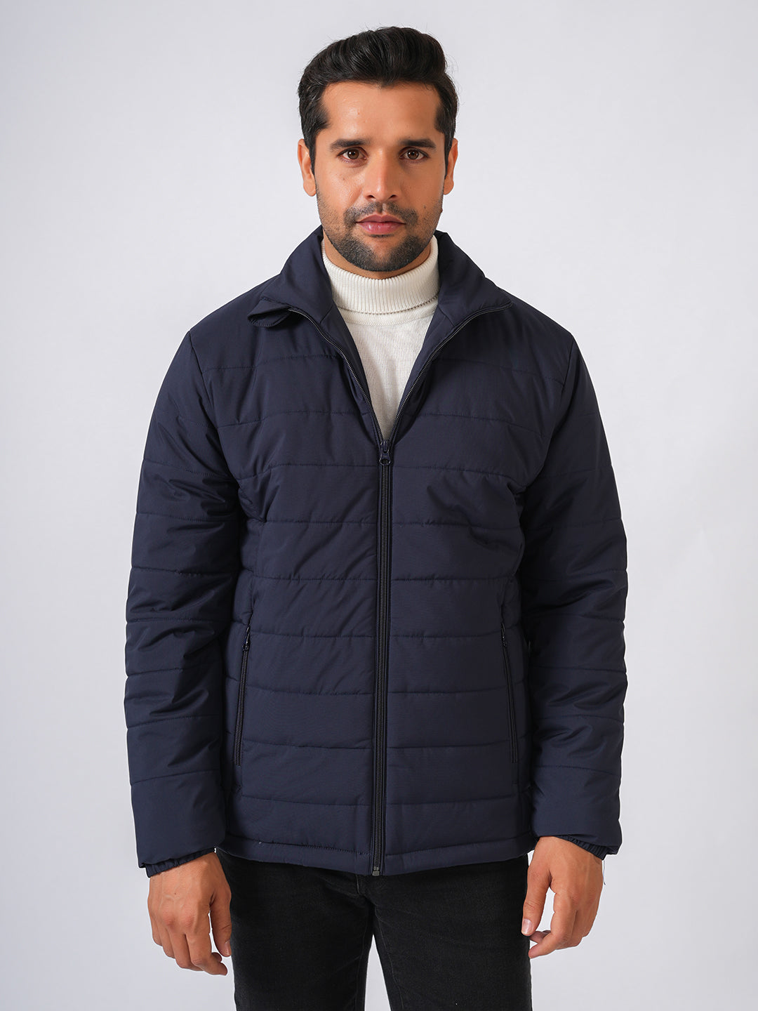 Navy Blue Solid Lightweight Puffer Jacket