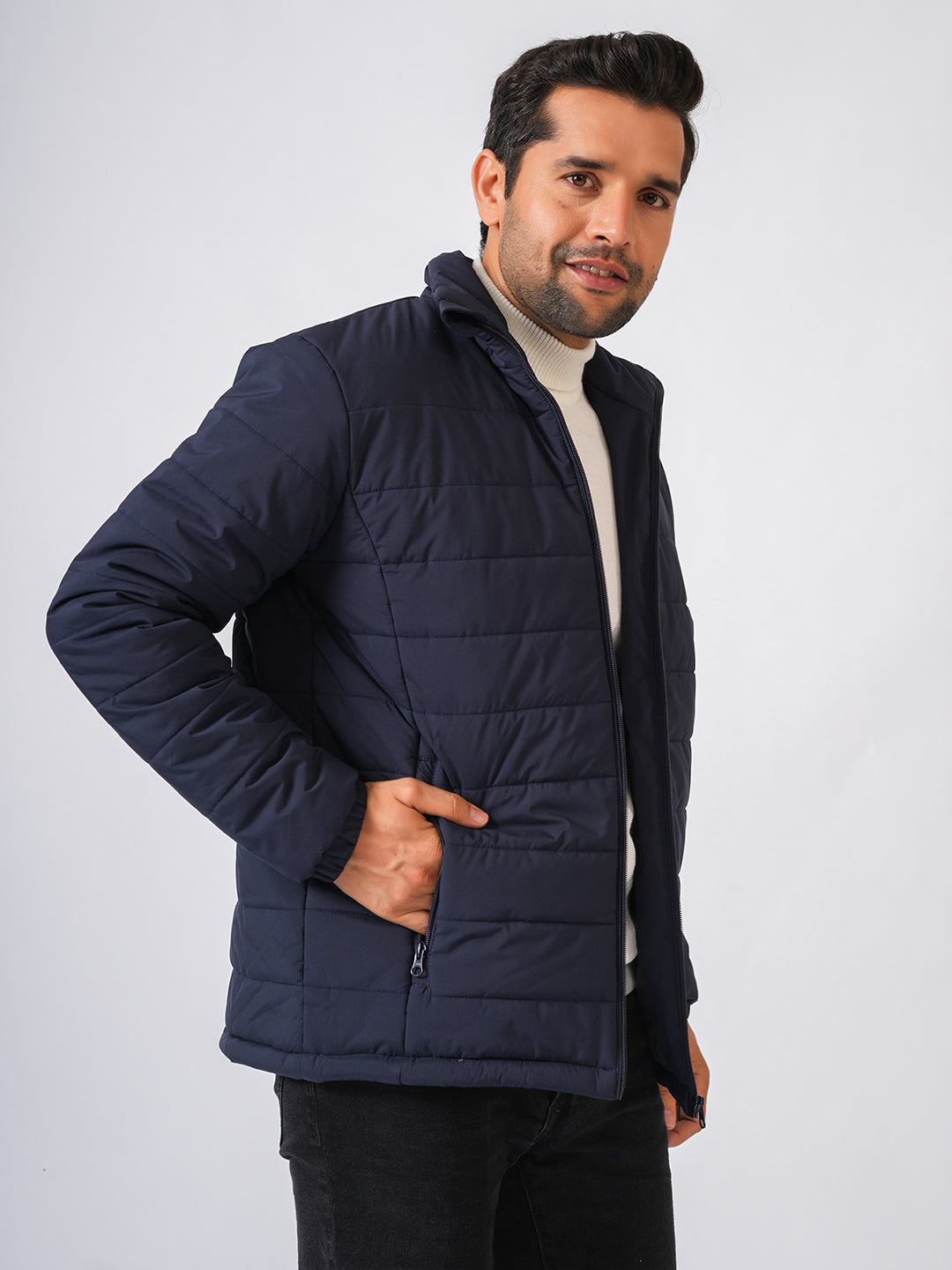 Navy Blue Solid Lightweight Puffer Jacket