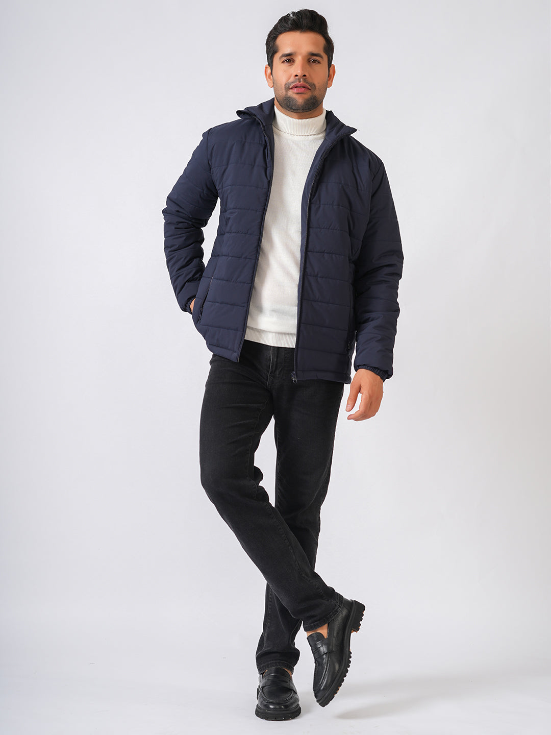 Navy Blue Solid Lightweight Puffer Jacket