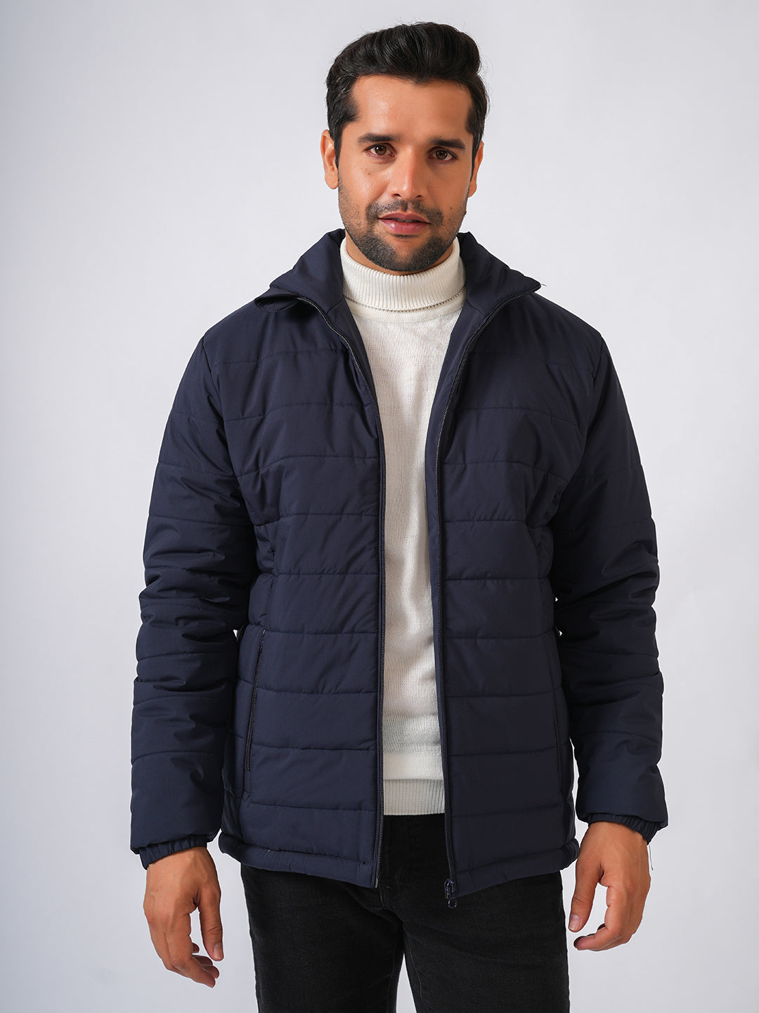 Navy Blue Solid Lightweight Puffer Jacket