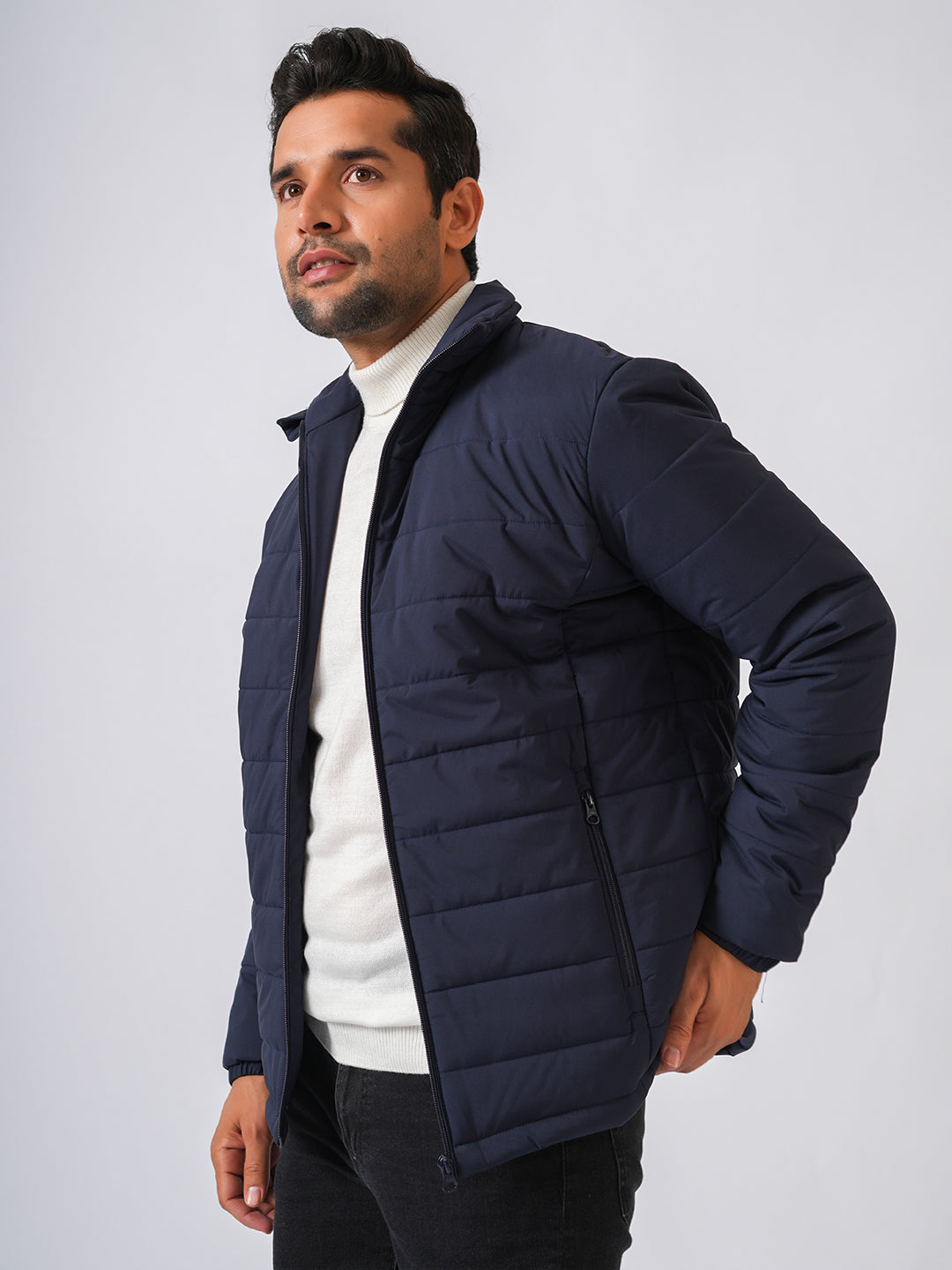 Navy Blue Solid Lightweight Puffer Jacket