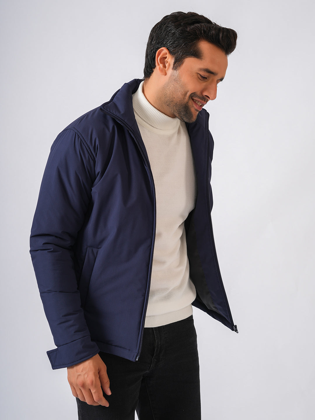 Navy Blue Solid Lightweight Bomber Jacket