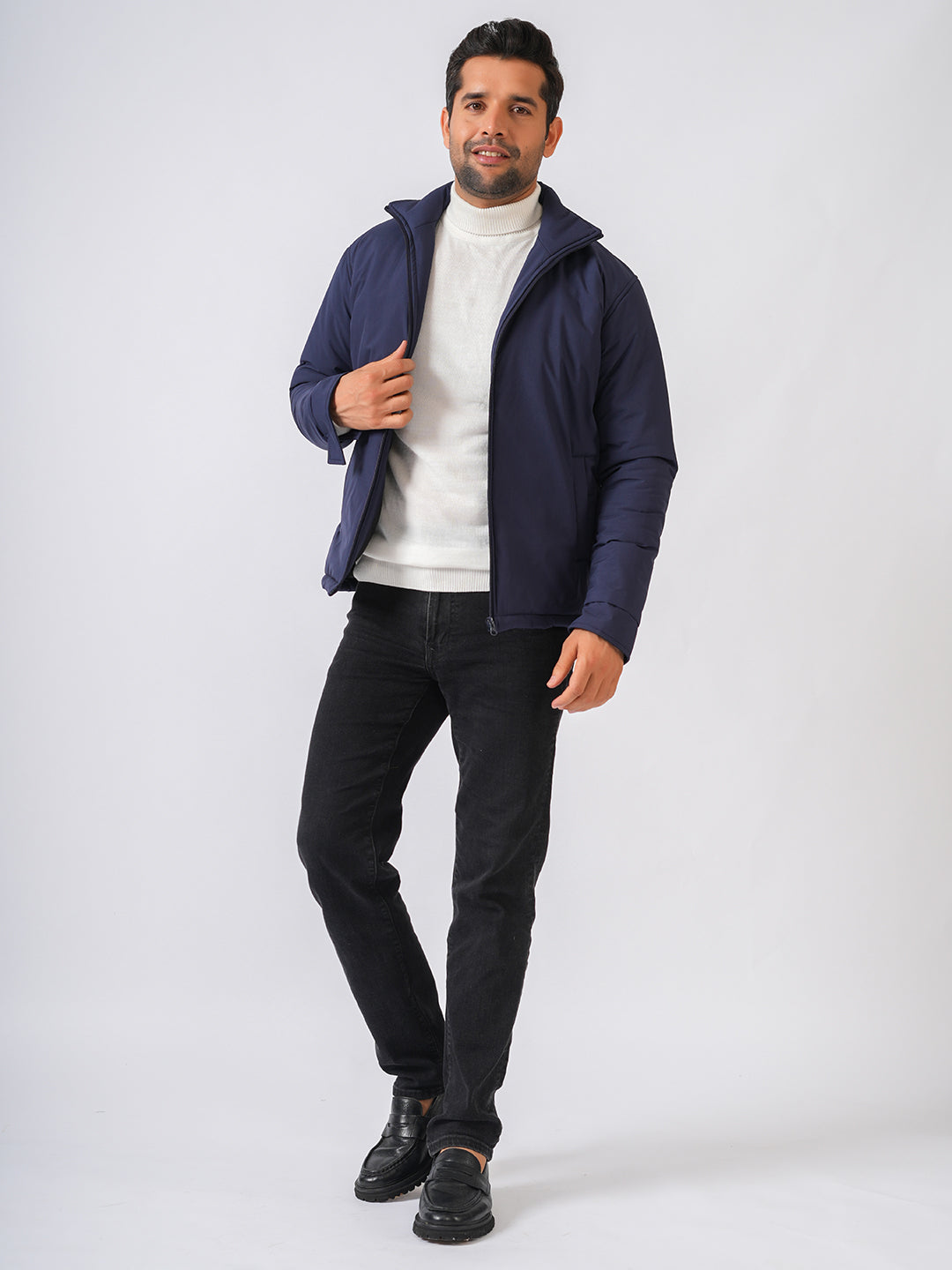 Navy Blue Solid Lightweight Bomber Jacket