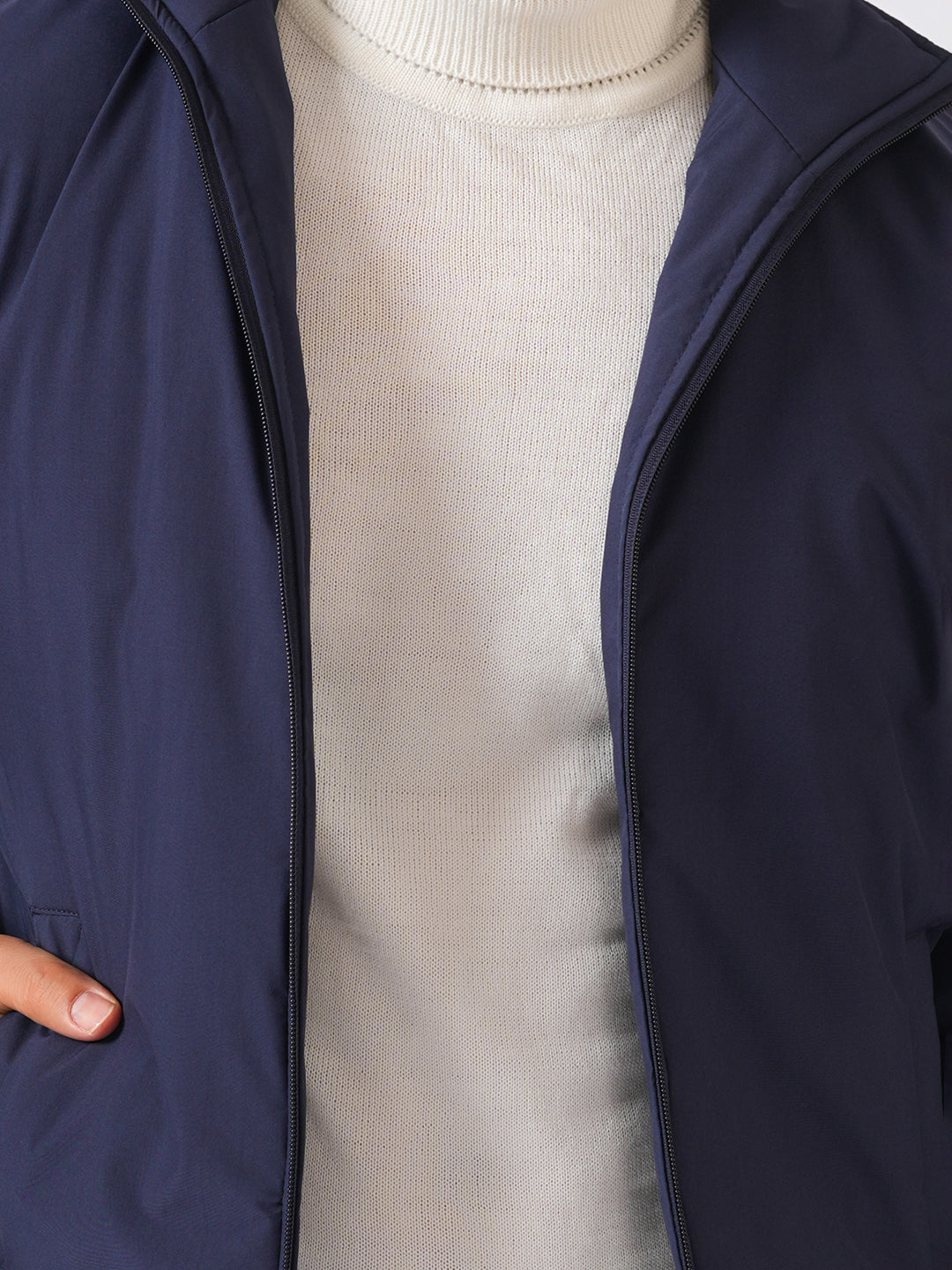 Navy Blue Solid Lightweight Bomber Jacket