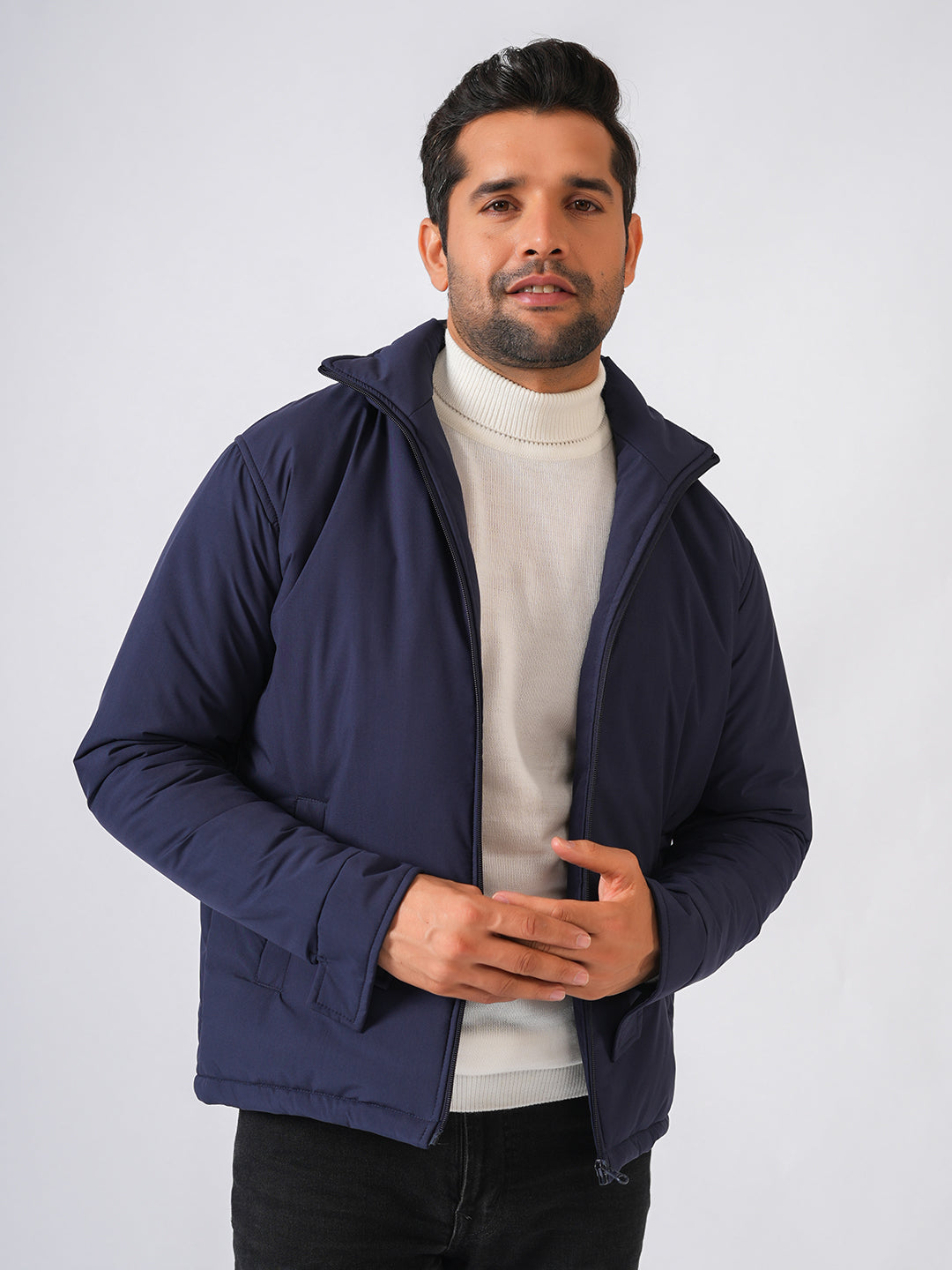 Navy Blue Solid Lightweight Bomber Jacket