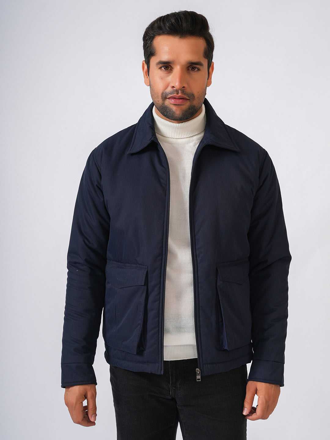 Navy Blue Solid Lightweight Two Pockets Bomber Jacket