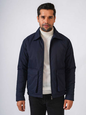 Navy Blue Solid Lightweight Two Pockets Bomber Jacket