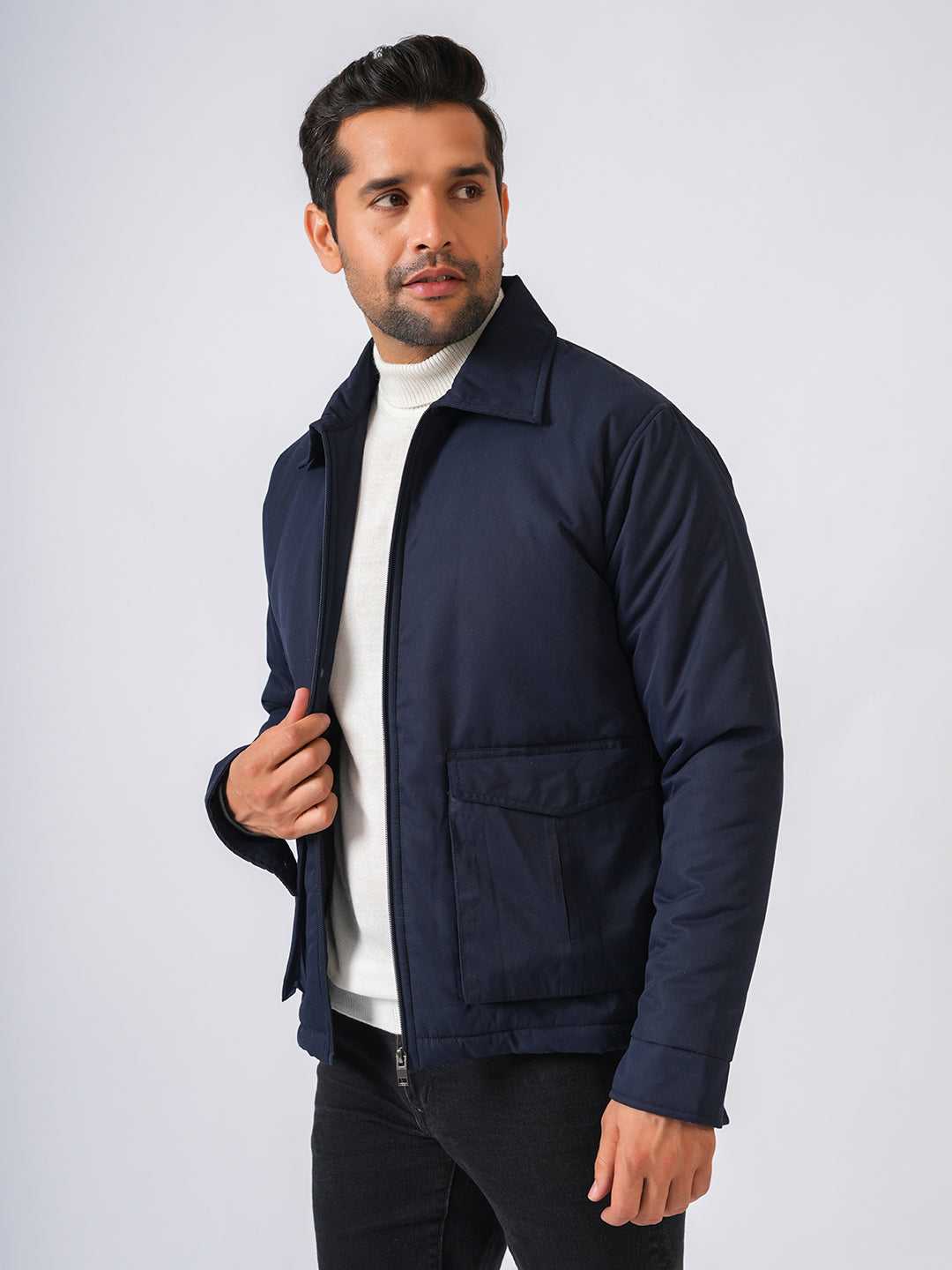 Navy Blue Solid Lightweight Two Pockets Bomber Jacket