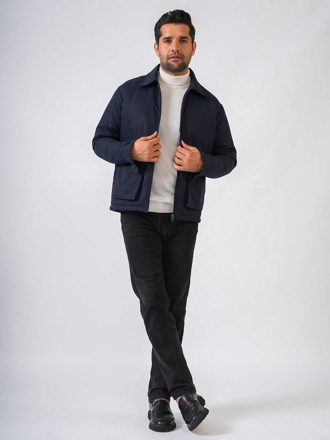 Navy Blue Solid Lightweight Two Pockets Bomber Jacket