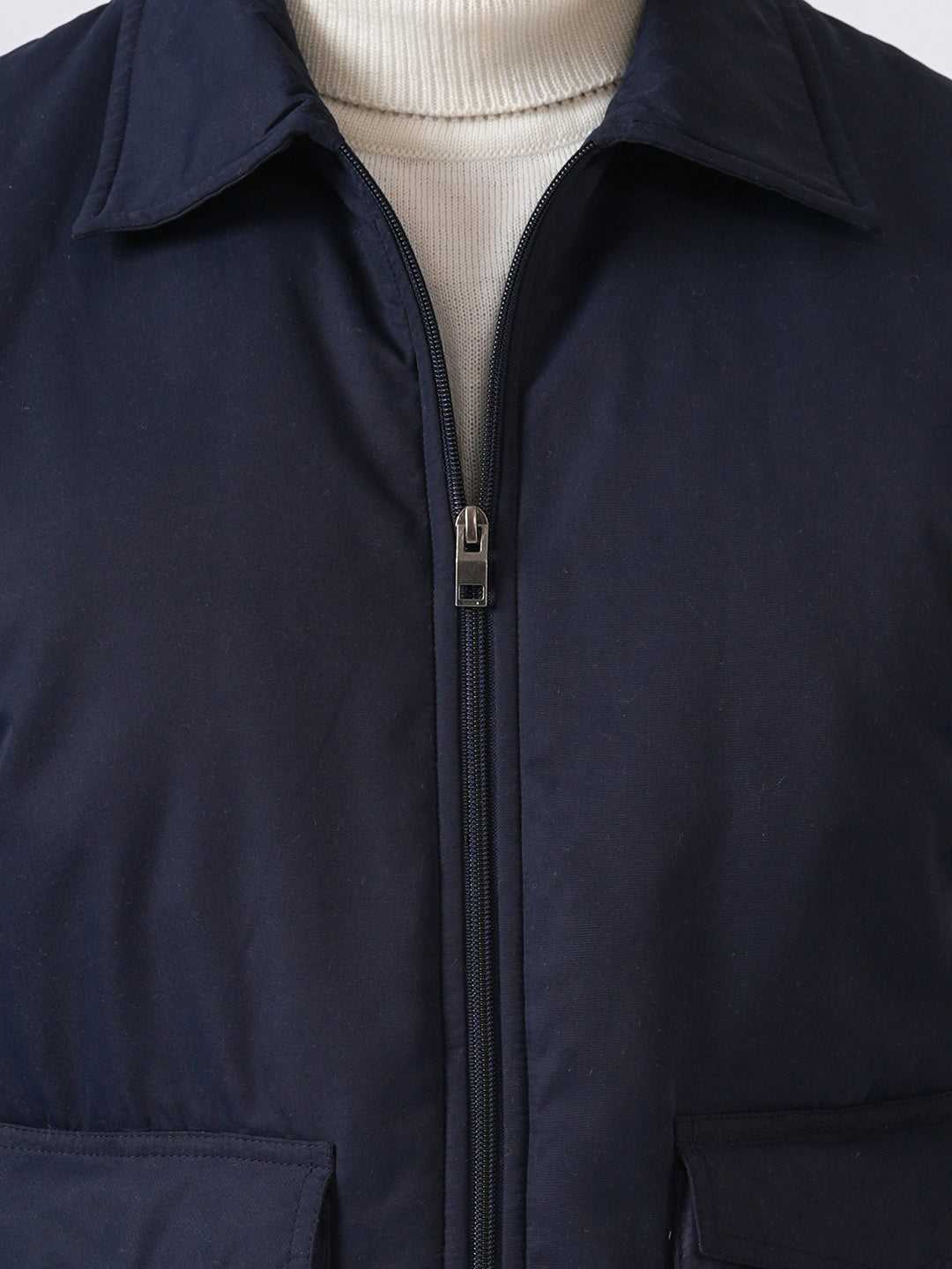Navy Blue Solid Lightweight Two Pockets Bomber Jacket