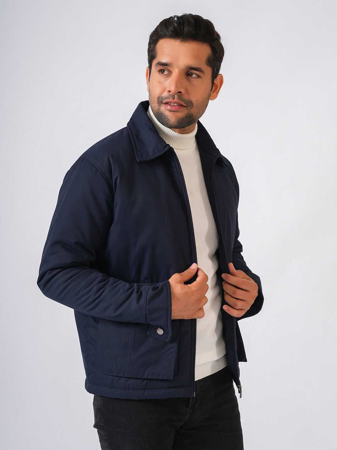 Navy Blue Solid Lightweight Two Pockets Bomber Jacket