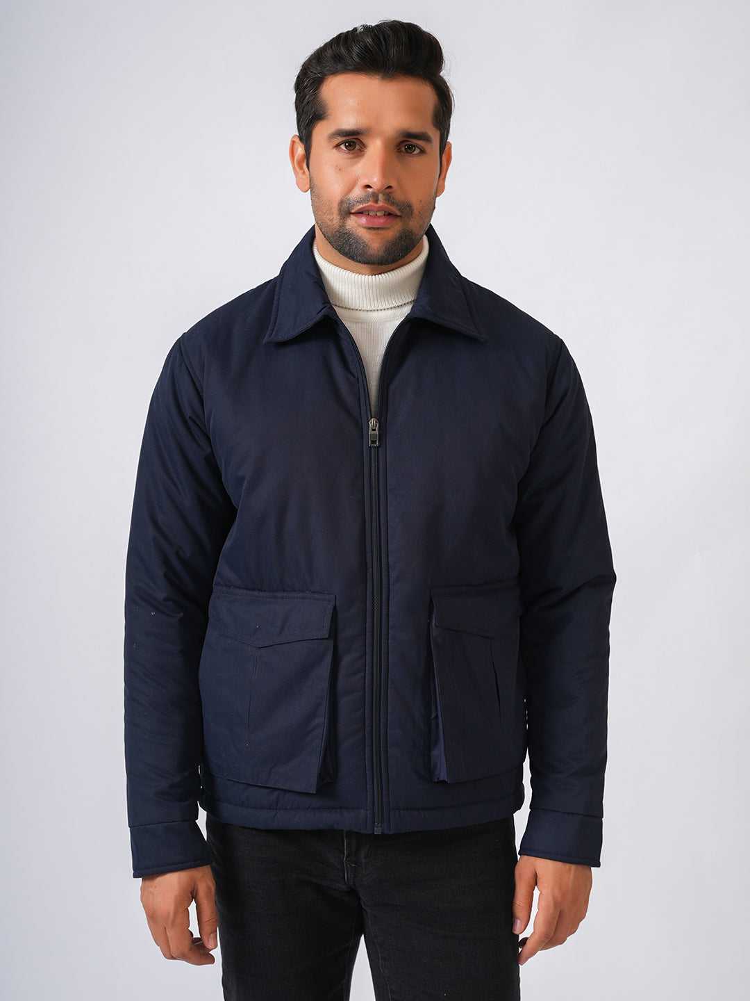 Navy Blue Solid Lightweight Two Pockets Bomber Jacket