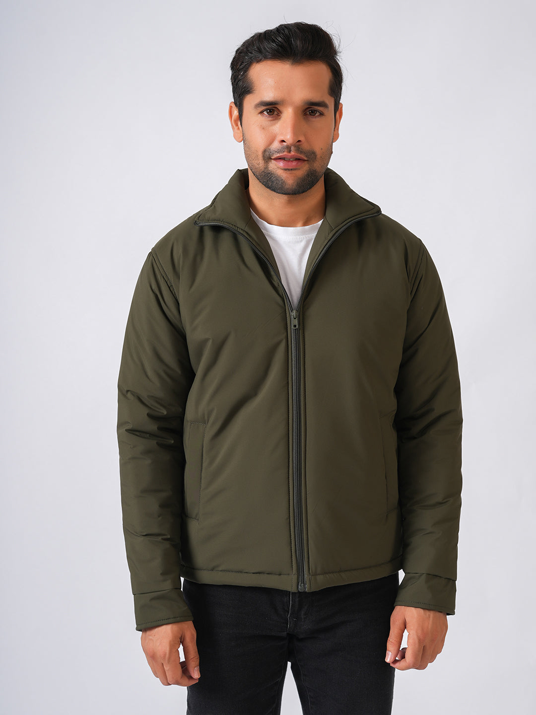 Olive Green Solid Lightweight Bomber Jacket
