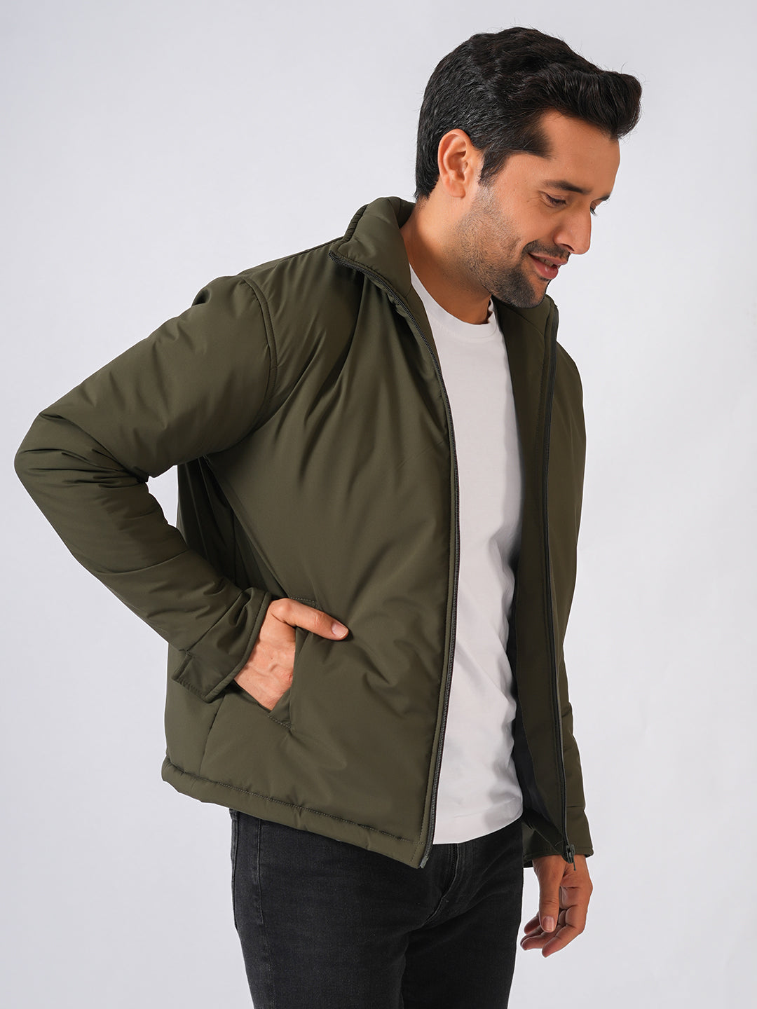 Olive Green Solid Lightweight Bomber Jacket