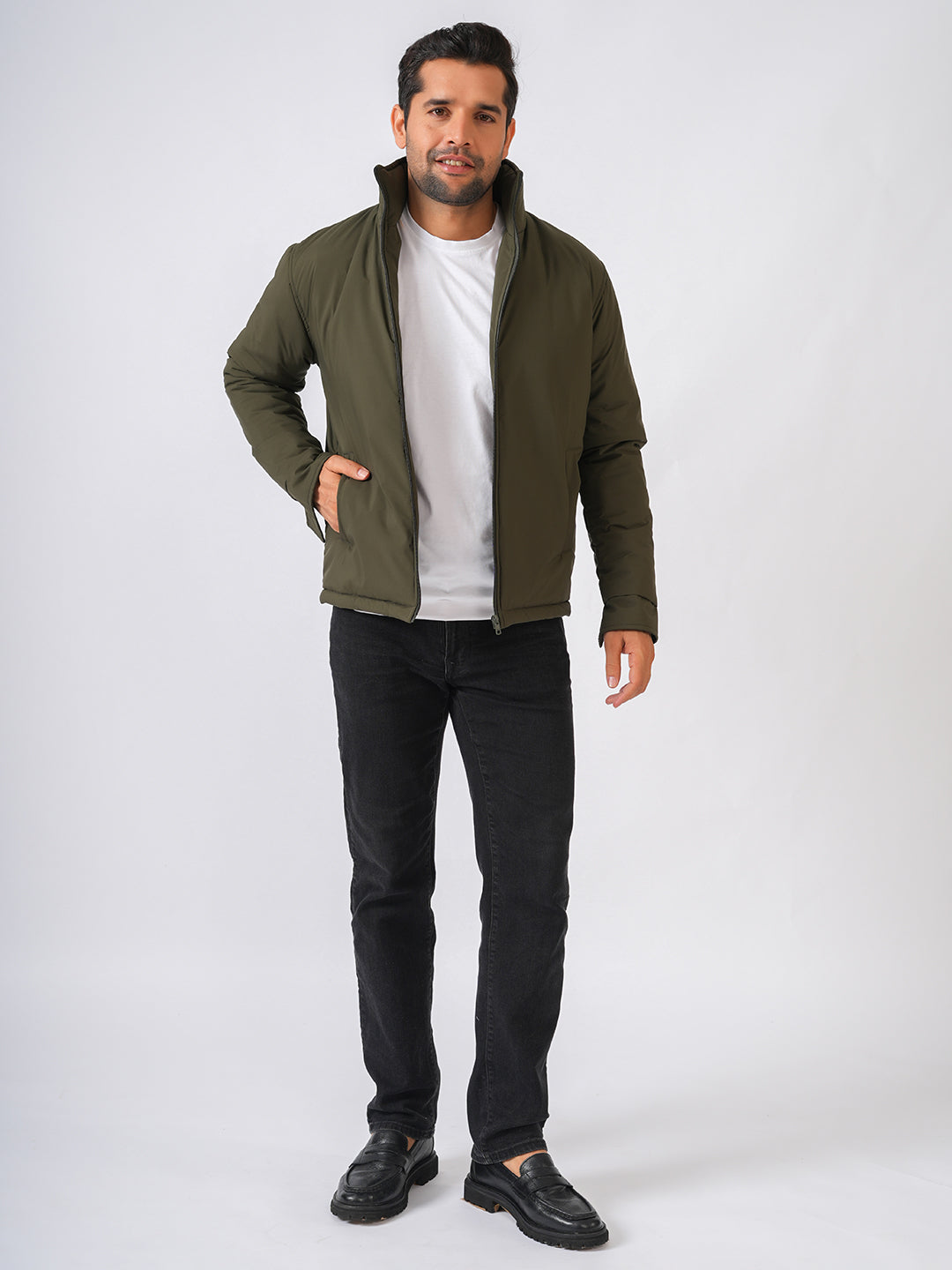 Olive Green Solid Lightweight Bomber Jacket