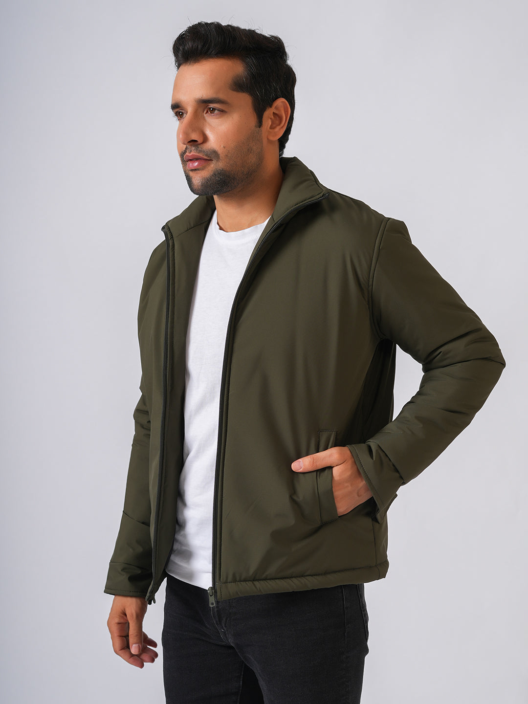 Olive Green Solid Lightweight Bomber Jacket