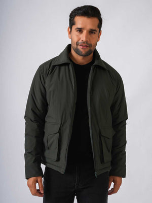 Olive Green Solid Lightweight Two Pockets Bomber Jacket