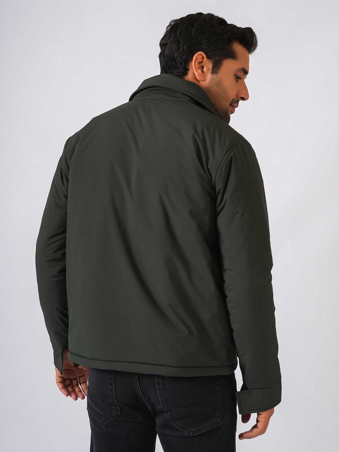 Olive Green Solid Lightweight Two Pockets Bomber Jacket