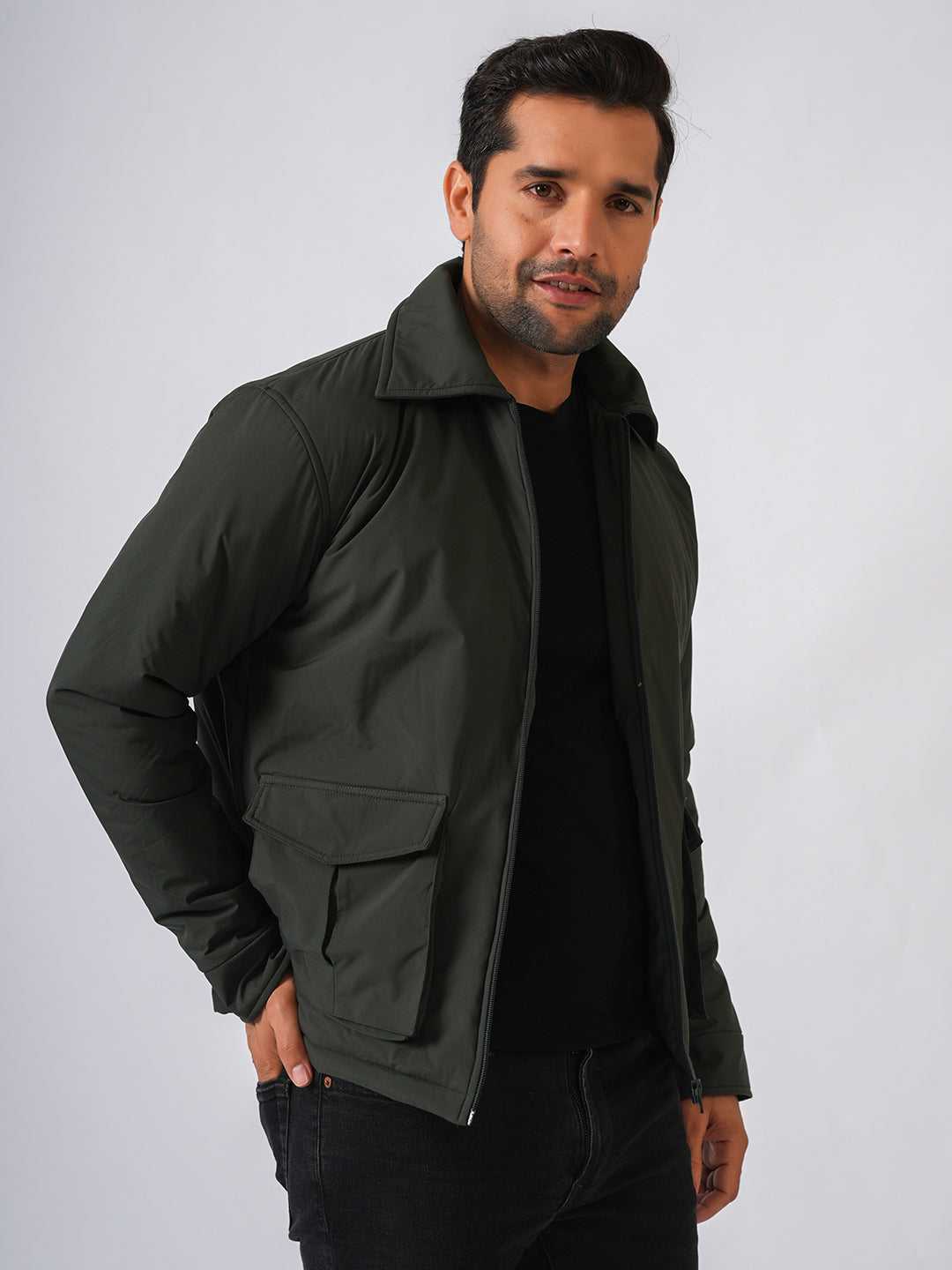 Olive Green Solid Lightweight Two Pockets Bomber Jacket