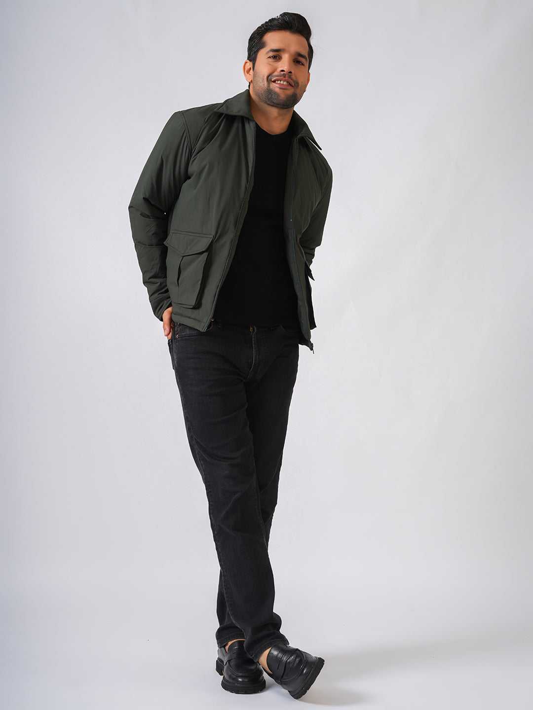 Olive Green Solid Lightweight Two Pockets Bomber Jacket