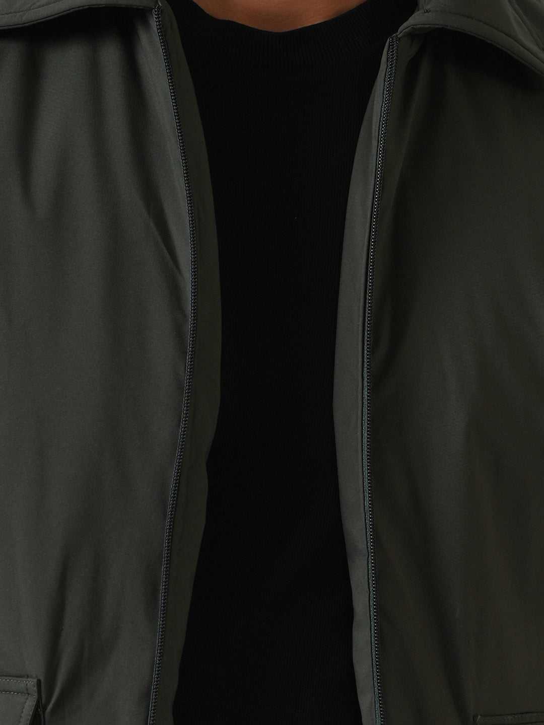 Olive Green Solid Lightweight Two Pockets Bomber Jacket