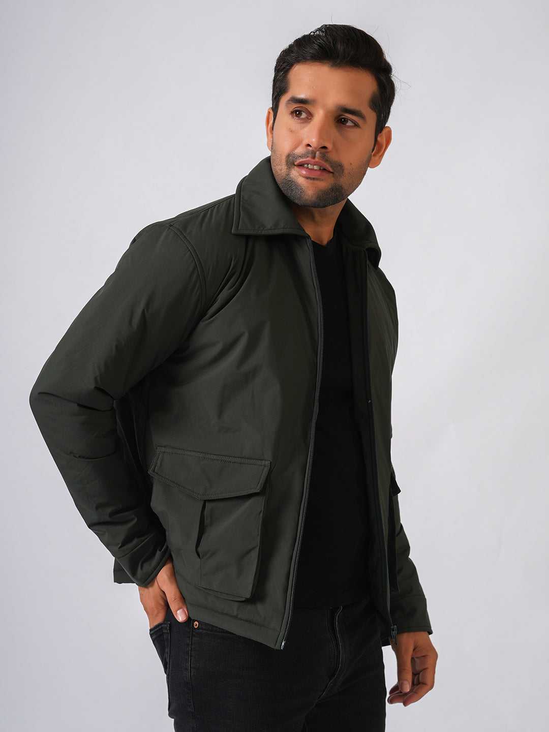 Olive Green Solid Lightweight Two Pockets Bomber Jacket