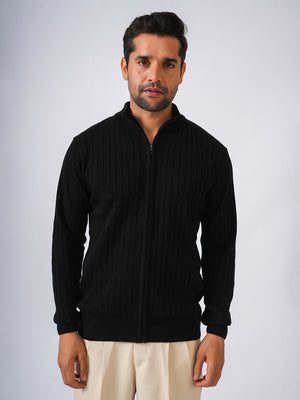 Black Solid Ribbed Full Zipper Pullover-Sweater