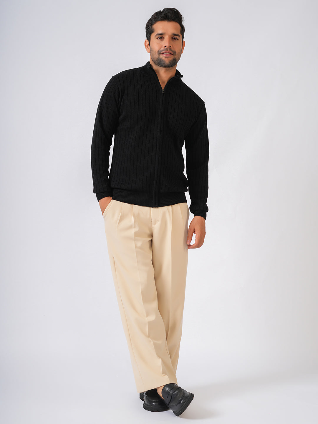 Black Solid Ribbed Full Zipper Pullover-Sweater