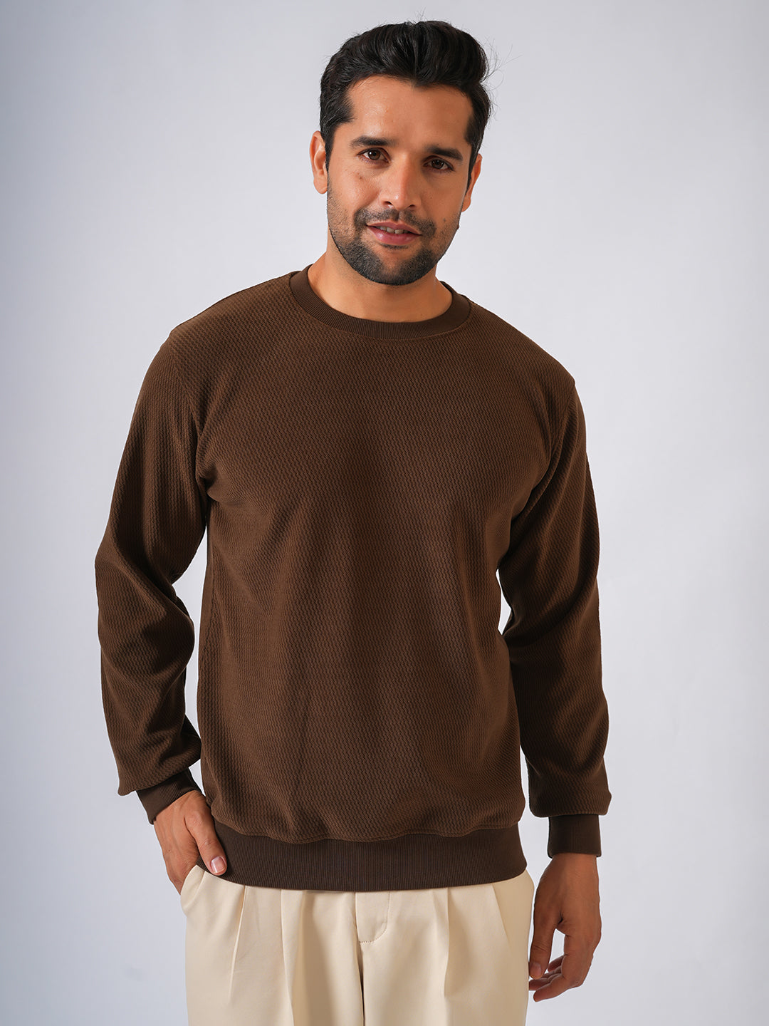 Brown Solid textured Sweat Knit Sweater