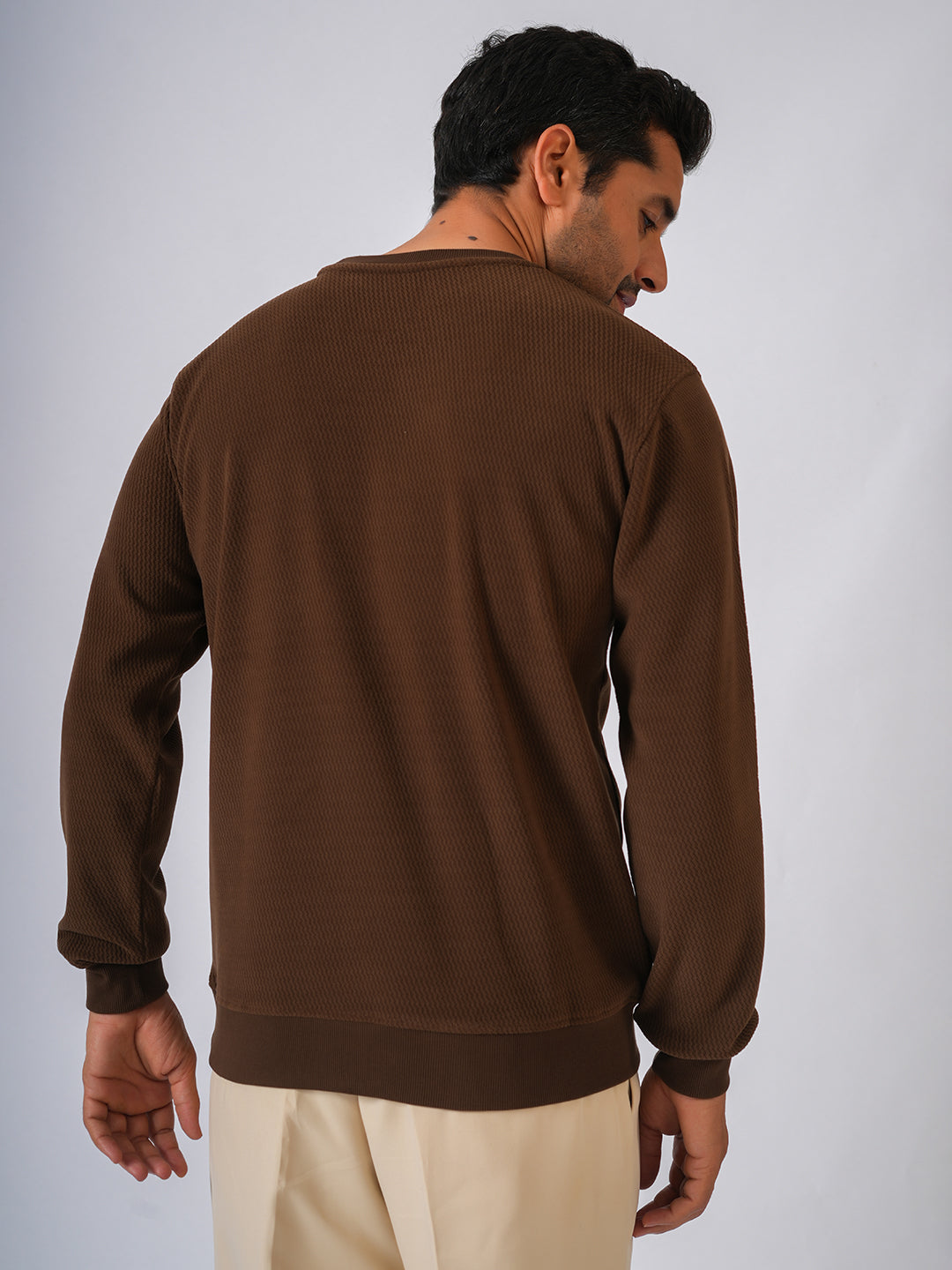 Brown Solid textured Sweat Knit Sweater