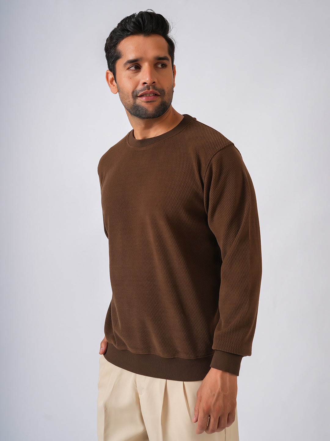 Brown Solid textured Sweat Knit Sweater