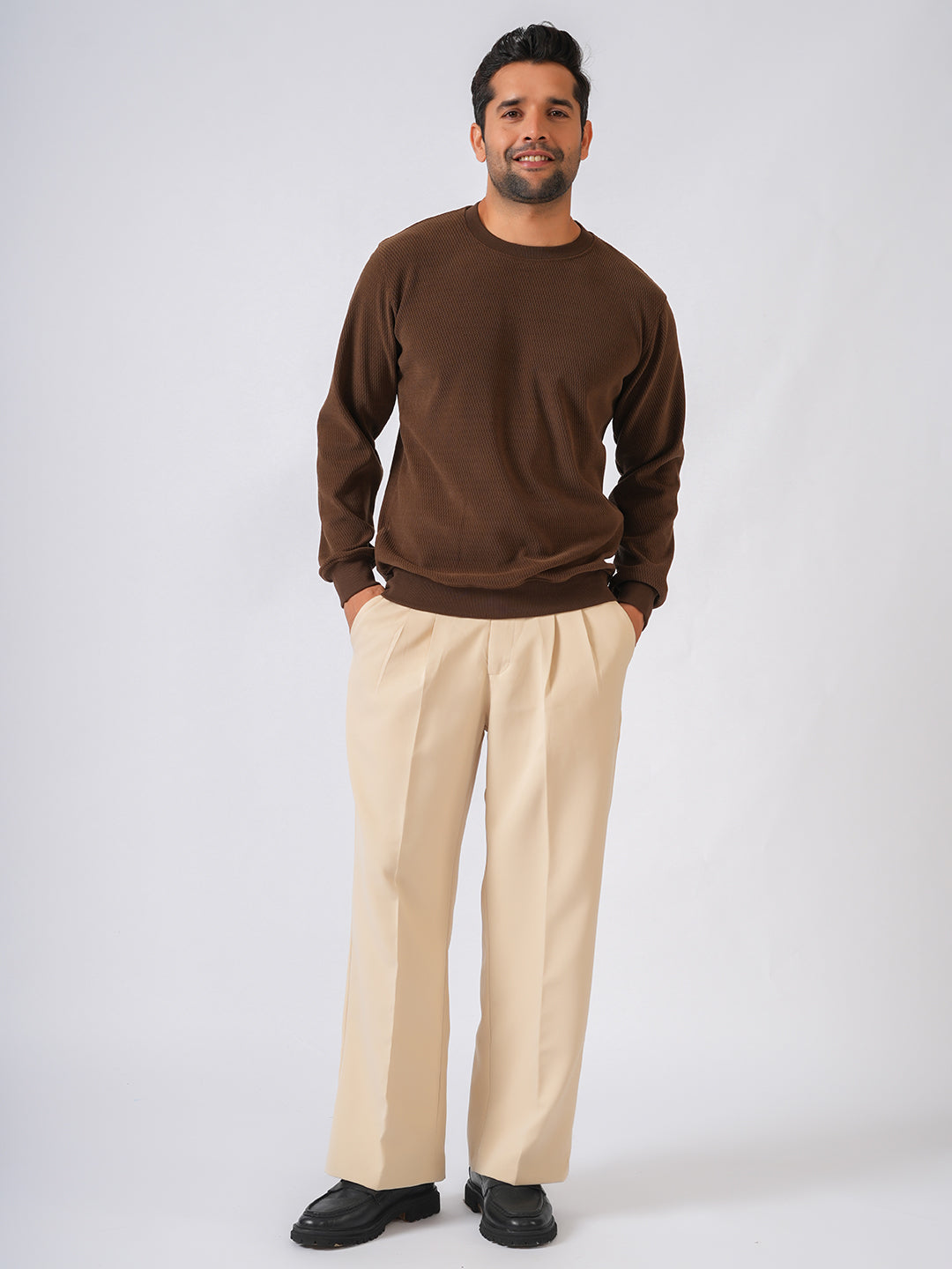 Brown Solid textured Sweat Knit Sweater