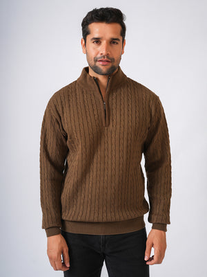 Brown Solid Ribbed Zip-Top Pullover-Sweater
