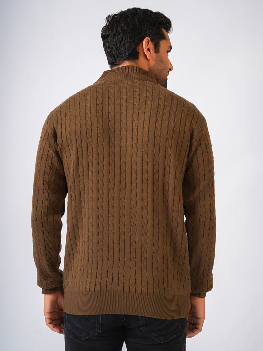 Brown Solid Ribbed Zip-Top Pullover-Sweater