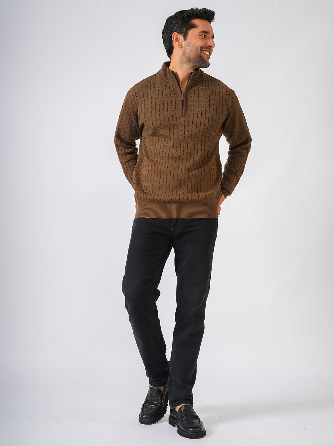 Brown Solid Ribbed Zip-Top Pullover-Sweater