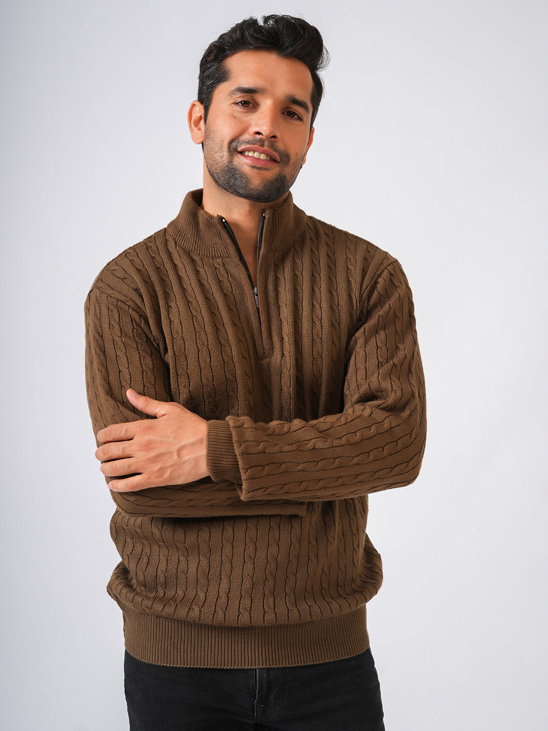 Brown Solid Ribbed Zip-Top Pullover-Sweater